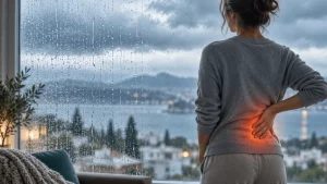 Γυναίκα με πόνο στη μέση κοιτάζει τη βροχή από το παράθυρο